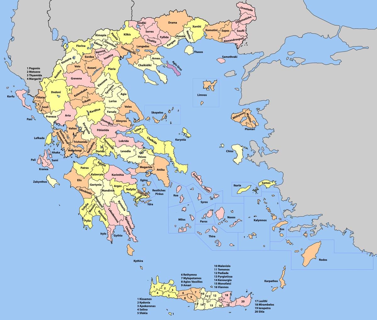carte de la Grèce, les régions