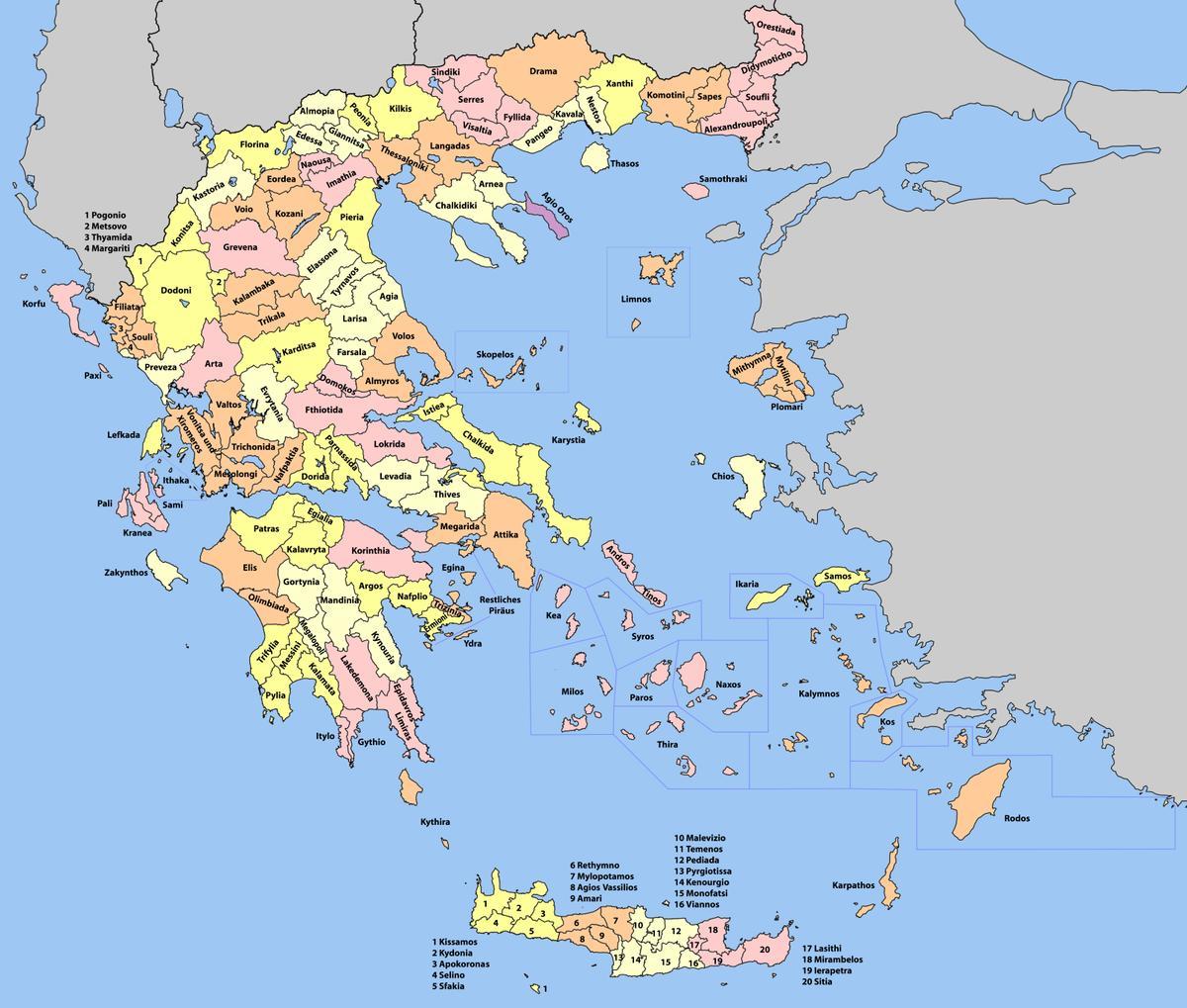 carte de la Grèce, les régions