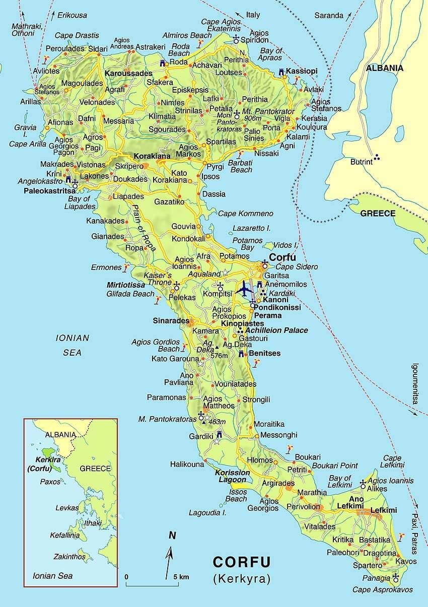 la carte de Corfou, Grèce