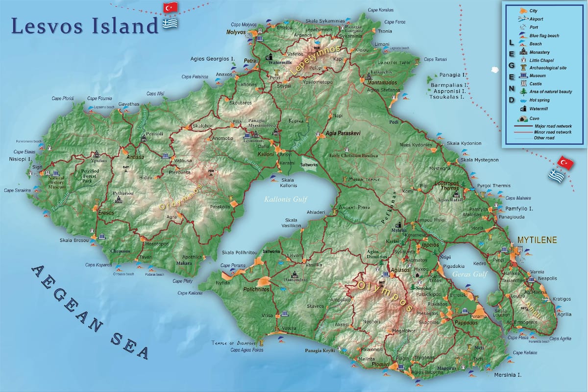 carte de l'île de Lesbos en Grèce